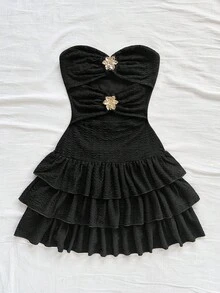 Soleia Women's Fashionable & Elegant Strapless Tiered Mini Dress - Black - View 3
