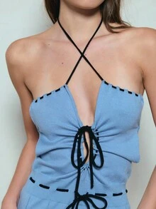 TypaGal Women's Chic Blue Striped Halter Bodycon Dress,Lace-Up Backless Flared Hem Knitted Streetwear,Autumn Vacation Grunge Y2k Clothes Punk Soft-Core Dress - Baby Blue - View 5