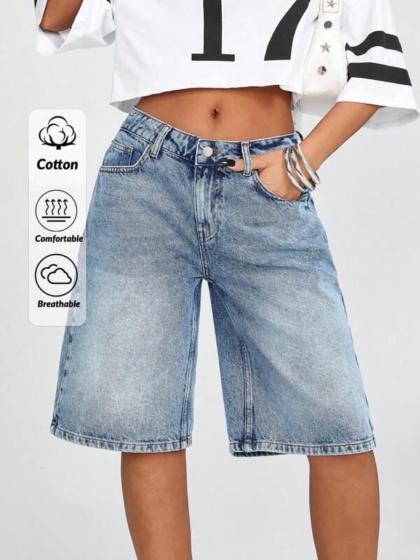 SHEIN Shorts in jeans casual, lunghezza città, vita bassa, tasche inclinate, colore unico