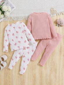 4件套女婴休闲花卉针织长袖上衣和裤子套装 - 彩色 - 查看 2