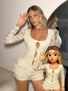 SHEIN ICON Damen einfarbiges Spitze Bodycon Kleid mit Hohlbogen, apricotfarbenes Cut Out, sexy Spitze Bodycon Kleid mit rückenfreiem Design, sexy, modisch und süß für Zuhause und Ausgehen, enge Jumpsuit Herbstmode für Frauen - Gelb - Übersicht 6