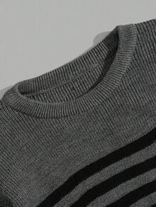 EURMUSE Men Striped Rib Knit Crew Neck High Quality Regular Sweater - Dark Grey - View 4