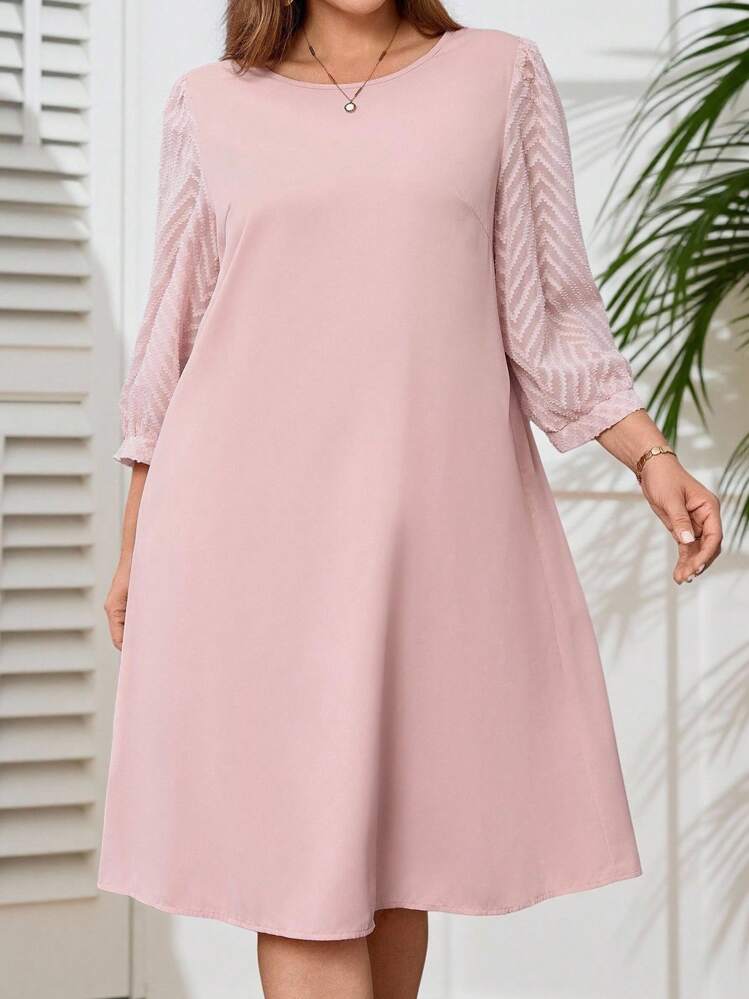 EMERY ROSE Plus Size Women Casual Loose Lantern Sleeve Round Neck Dress Summer,Autumn,Fall Women's Clothes - Pink - View 1
