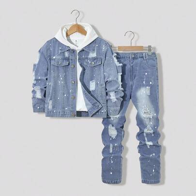 Set giacca di jeans e jeans per ragazzi pre-adolescenti, stile streetwear, giacca di jeans lavata e consumata abbinata a jeans dritti lavati e consuma
