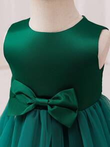 Glamorique Kids Elegant And Cute Baby Girl Dress, Dark Green Color, Sleeveless, With Bowknot, Puffed Cake Style, Perfect For Christmas Party Or Formal Occasions