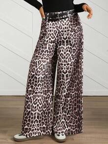 SHEIN LUNE Women's Casual Khaki Leopard Print Wide Leg Pants,Beige Autumn Winter Clothes For Women,Chic Country Brown Pants Halloween Costumes Night Casual - Khaki - View 2