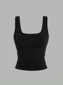 Sweetra Tank Top Kasual Wanita Warna Polos dengan Leher Persegi dan Lipit, Pas Badan. - MultiWarna - View 7