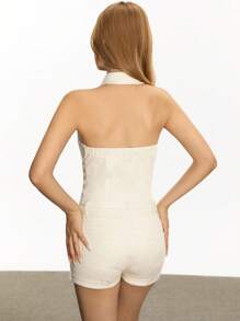 SHEIN EZwear 女式纯色无袖拉链休闲修身时尚牛仔连体裤 - 卡其色 - 查看 4