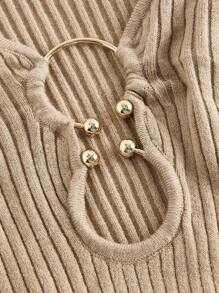 SHEIN MOD Plus Size Casual Versatile Khaki Flared Sleeve Sweater. Ribbed Knit Top.Autumn/Fall  Knit Top. - Khaki - View 3