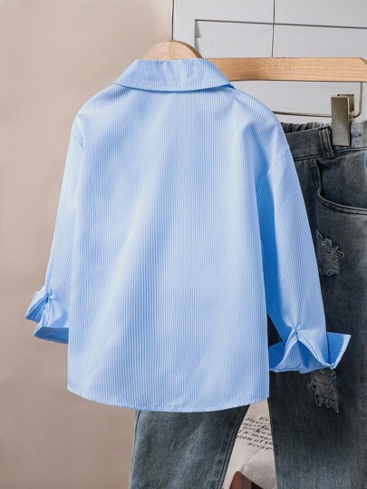 Elladie kids 1 Áo sơ mi sọc tay dài cổ bẻ cài nút thêu họa tiết phía trước cho bé gái, áo thường ngày mùa thu