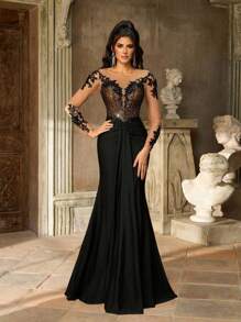 Aureia Đầm dạ hội dài tay sang trọng, chất liệu voan mỏng, đính cườm, sequin và thêu ren, phối ren, co giãn, màu đen, thích hợp cho đám cưới, tiệc tùng, kỳ nghỉ, dạ hội, dạ tiệc buổi tối (đính kết cầu kỳ), Ngày Valentine. - màu đen - Xem 6