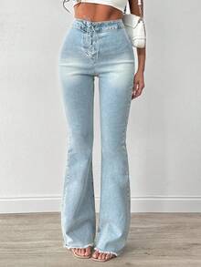 RueChic 磨边撞色正面开襟喇叭腿牛仔裤