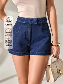 CLARA VERO WOMEN ELEGANT MID WAIST MINI DENIM SHORT WITH PLEAT DETAIL - Dark Wash - View 1
