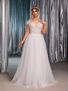 Glamrae Váy cưới chữ A bằng vải tuyn thêu hoa văn ren Pháp sang trọng, lãng mạn, màu trắng cỡ lớn, hở vai, trang trí hạt thủ công - trắng - Xem 4