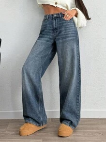 EURMUSE 高腰阔腿 Y2K 风格宽松女式牛仔裤 - 中等水洗藍 - 查看 6