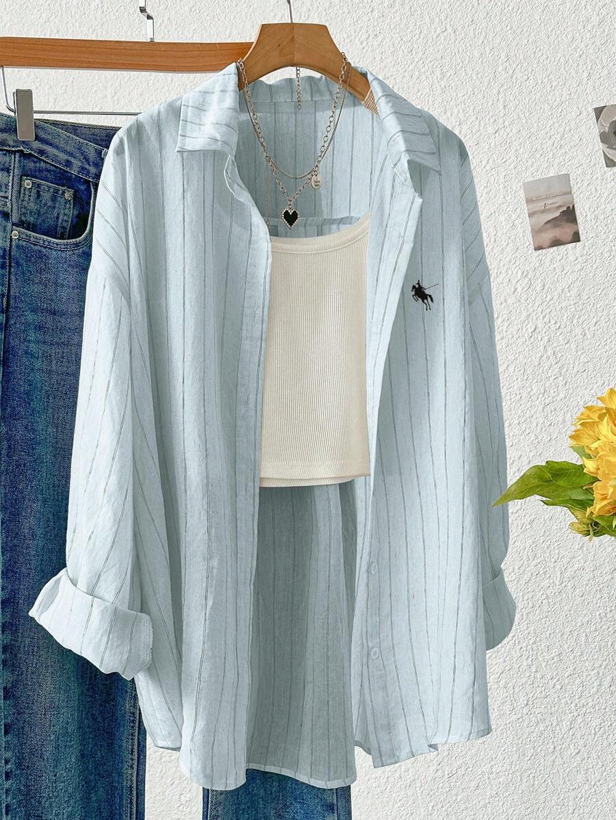 INAWLY 女士休闲条纹刺绣防晒衬衫，夏季 - 淺藍色 - 查看 1