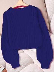 GlowEve CURVE 大码女式休闲时尚修身圆领长袖麻花针织套头衫，秋冬 - 藍色 - 查看 2