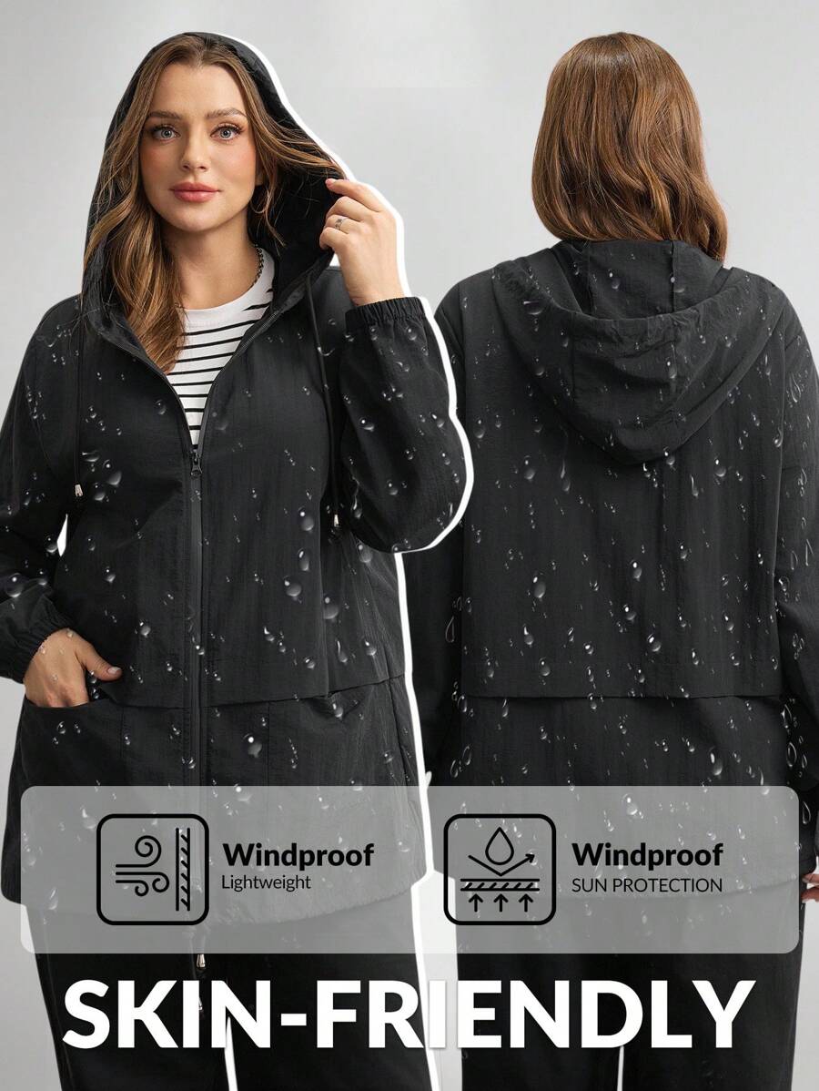 Comfylo 大码休闲户外纯色连帽风衣 - 黑色 - 查看 1