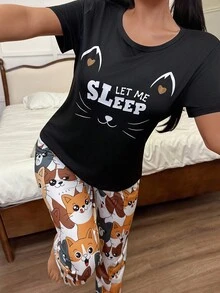 SHEIN Conjunto de pijama de mujer con estampado de gato, de manga corta y pantalón - Multicolor - Ver 3