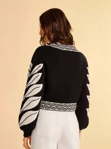 CAJUNI Áo khoác cardigan dáng rộng tay dài cổ chữ V họa tiết lá đen trắng dành cho nữ, đa năng cho mùa thu/đông - Đen và trắng - Xem 2