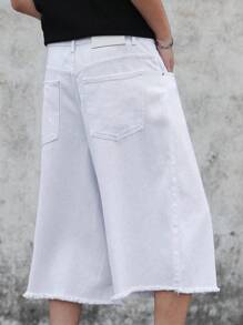 Claim Dot Plus Size Men's White Denim Mid-Length Frayed Hem Shorts Versatile For Daily Wear - White - View 6