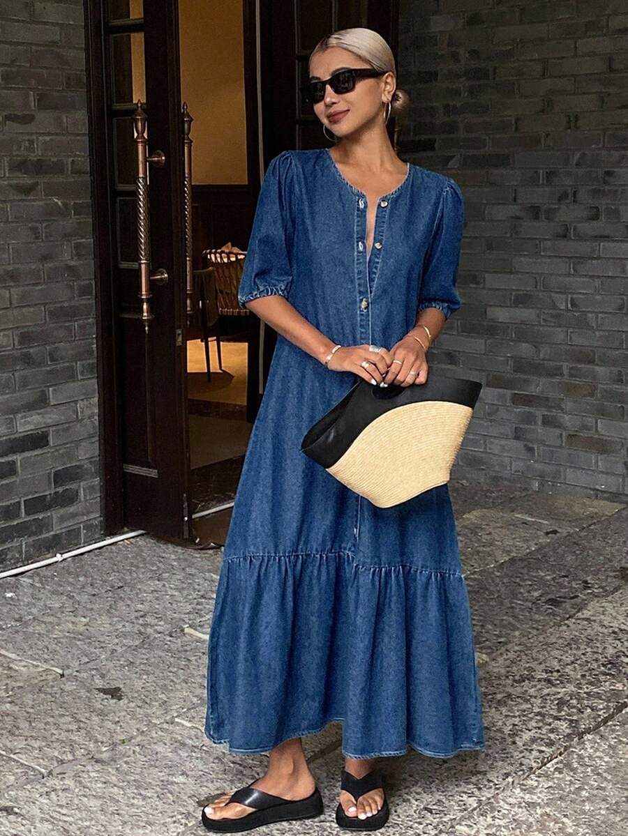 DAZY 女士优雅单排扣荷叶边宽松牛仔中长连衣裙,春夏吊带裙 - 霧霾藍 - 查看 1