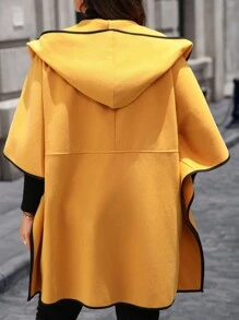 EMERY ROSE Plus Size Autumn/Winter Fashion Color Block Trim Hooded Overcoat, Casual Minimalist Style For Everyday Wear,Going Out, Suitable For Autumn And Winter Fall - Yellow - View 2