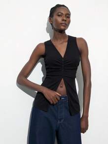 Maija Women's Spring Black Solid V-Neck Ruched Design Sleeveless Long Blouse, Resort Wear,Festival - Black - View 4