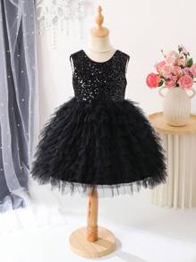 Elladie kids Gonna a strati con decorazioni di fiocchi e paillettes, adatta per feste, compleanni, festival, esibizioni, matrimoni e altre occasioni formali - nero - Visualizzare 5