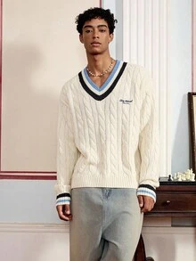 SWAVVY 男士时尚 V 领长袖条纹麻花图案休闲毛衣，麻花针织，秋冬 - 白色 - 查看 4