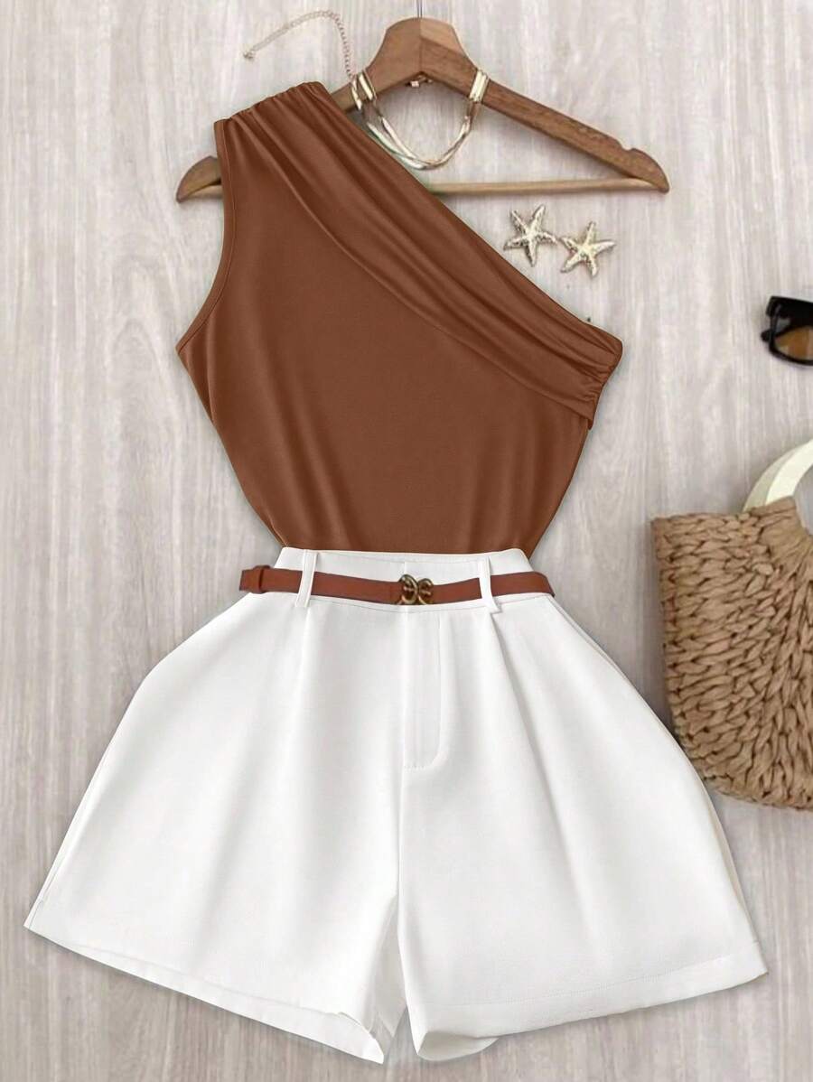 INAWLY 2 Pieces Women Sleeveless Solid Color Tank Top And Shorts Set, Casual - Brown - View 1