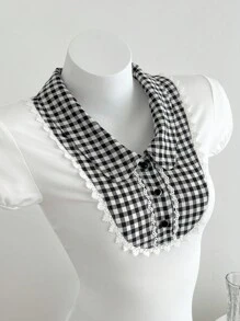 Elamini Retro Chic Checkered Patchwork Polo Collar Short Sleeve Bodycon T-Shirt, Summer - White - View 3