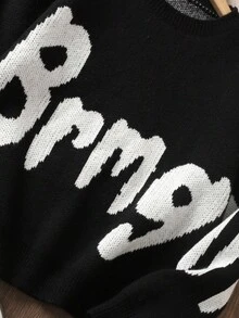 Teen Boy Long Sleeve Sweater, Letter Jacquard Black & White