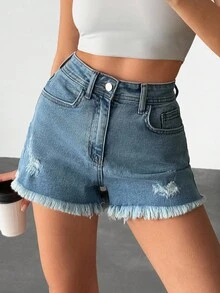 RueChic High Waist Ripped Wash Raw Hem Denim Short - Medium Wash - View 5