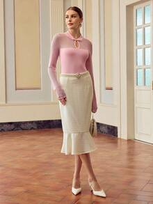ZEYLAH Women's Solid Color Button Design Hollow Long Sleeve Elegant Sweater Fall /Winter Clothes - Pink - View 5