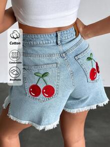 SHEIN MINI DENIM SHORT WITH CHERRY EMBROIDERY, Minimalist & Fashionable, Suitable For Summer - Light Wash - View 1