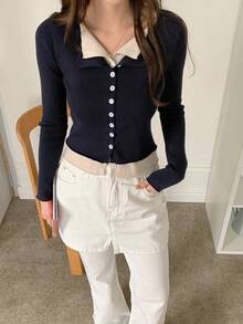 DAZY Cardigan elegant 2 în 1 pentru femei, cu mânecă lungă, în culori contrastante, toamnă/iarnă - Albastru marin - Vizualizare 7