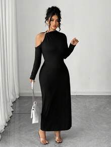 Elenzga 大码女士优雅连衣裙，设计精致 - 黑色 - 查看 6