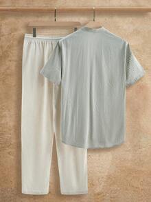 HIMLAND 2pcs/Set Men Summer Cotton Blend Brushed Textured Plaid Casual Short Sleeve Shirt & Loose Linen Pants 2 Pieces Linen Set, Cozy Outfits - Multicolor - View 2