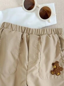 PrepCrw Baby Boys' Collegiate Bear Patch Khaki Pants Baby Khaki Pants Baby Summer Pants Baby Boy Beige Outfit Baby Boy Khaki Shorts Baby Bear Pants - Khaki - View 4