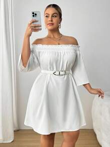 SHEIN PETITE CURVE Plus Size Casual Loose Daily Versatile Solid Color Off-Shoulder Dress - White - View 6