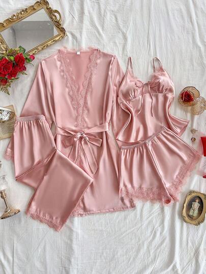 SilkySpell Bộ 4 áo hai dây ren gợi cảm cho nữ, quần short viền ren, quần dài, áo choàng ngủ bằng vải satin thanh lịch có thắt lưng, bộ đồ ngủ lót, quần áo thu đông