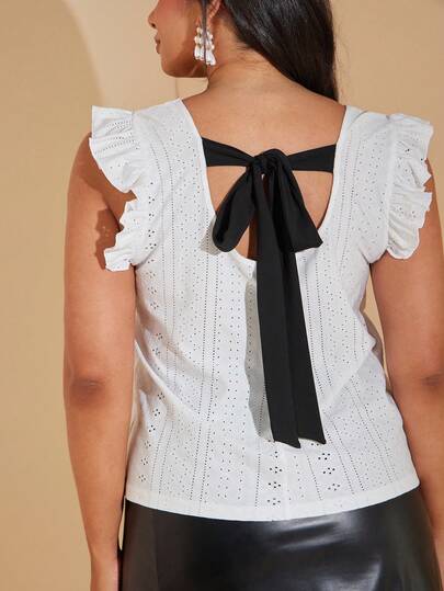 SHEIN BAE Plus Size Women's Spring/Early Autumn Ruffle Sleeve Tie Front Blouse/Halloween Clothes/Fall Clothes For Women/Autumn Clothes/Christmas Clothes/Plus Size Wedding Guest Dress Women   Curve/Off The Shoulder Dress/Summer Dresses For Women/Dresses For Women/Birthday Dresses For Women/Elegant Dresses For Women/All White Shirt/Top