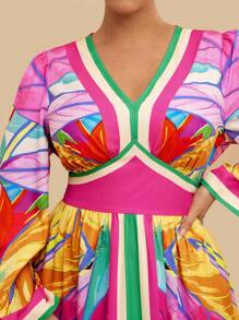 SHEIN VCAY Plus Size Women Tropical Colorful Geometric Abstract Print V-Neck Long Sleeve Maxi Dress, Casual Holiday Party Vacation Travel - Multicolor - View 3