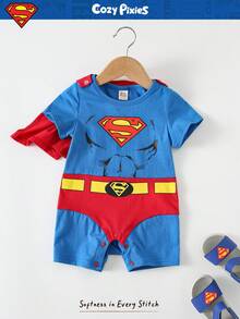 SUPERMAN X Cozy Pixies 2pcs Baby Boy Graphic Knit Soft Round Neck Short Sleeve Romper And Cape Set - Multicolor - View 1