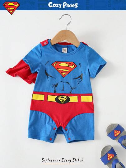 SUPERMAN X Cozy Pixies 2pcs Baby Boy Graphic Knit Soft Round Neck Short Sleeve Romper And Cape Set