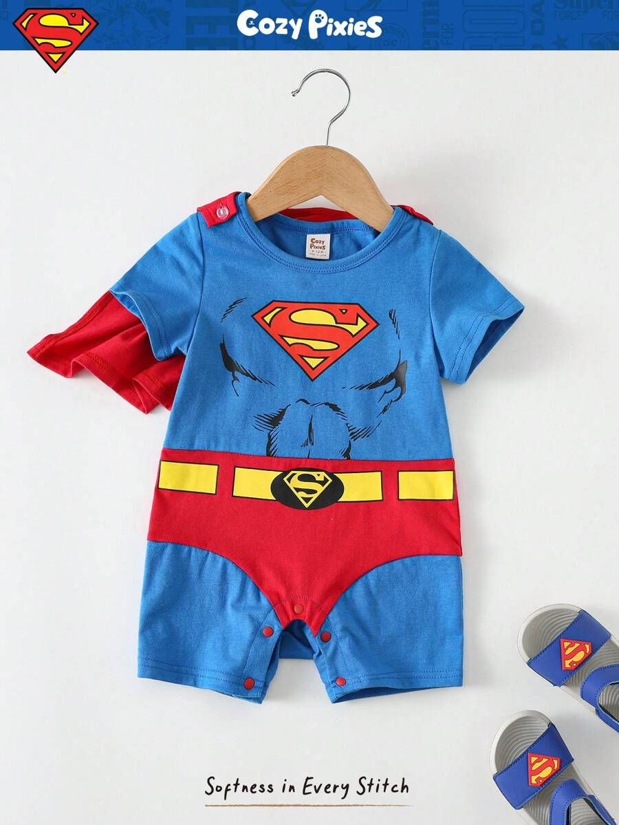 SUPERMAN X Cozy Pixies 2pcs Baby Boy Graphic Knit Soft Round Neck Short Sleeve Romper And Cape Set - Multicolor - View 1