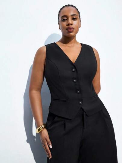 Maija 大码女式 V 领前扣无袖背心，适合城市通勤，简约时尚基本款商务休闲装，秋季