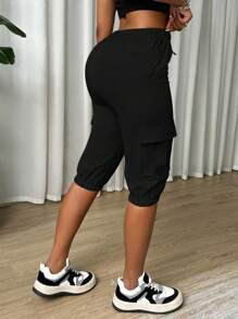 SHEIN Tall Women's Casual Elastic Waist Pockets Practical Slim Fit Cargo Pants, Medium Length Ankle Banded Pants, Spring/Summer - Black - View 2