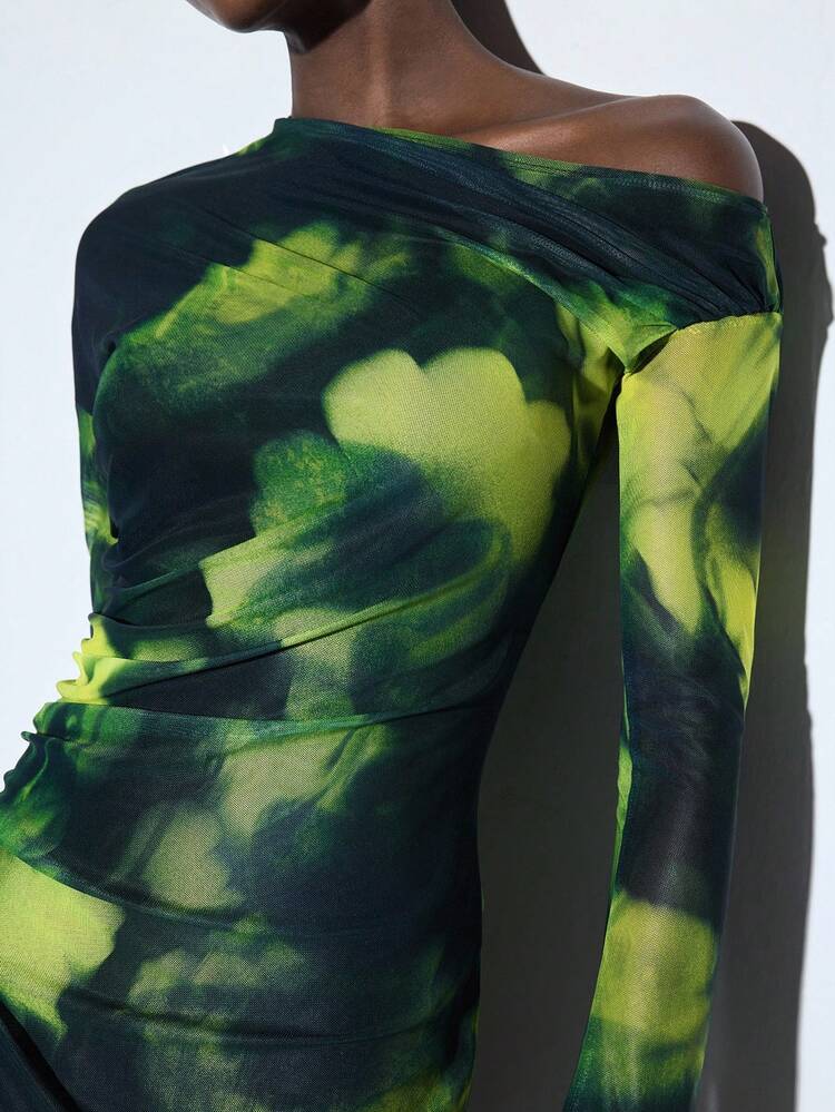 SHEIN Maija Women Elegant Tie-Dye Asymmetric Neckline Fitted Long Dress,Festival